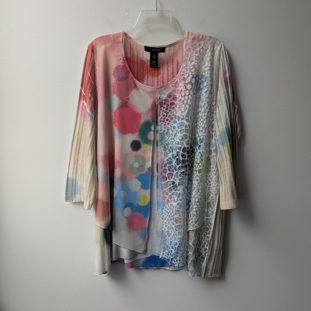 Ali Miles Tunic Top Multicolor Abstract Mixed Media Layered XL Art to Wear